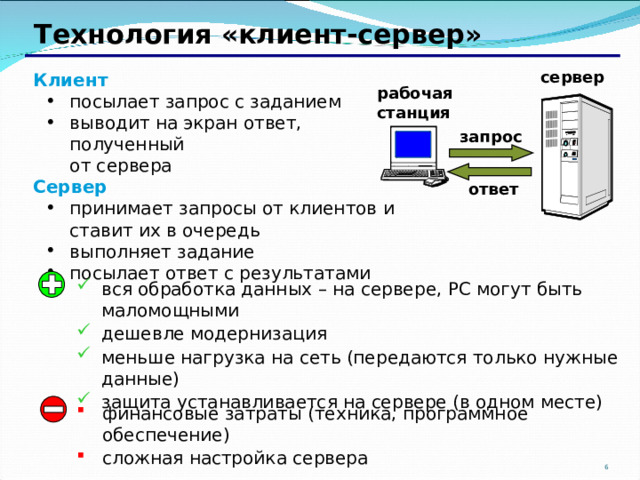 Технология «клиент-сервер» сервер Клиент посылает запрос с заданием выводит на экран ответ, полученный  от сервера посылает запрос с заданием выводит на экран ответ, полученный  от сервера Сервер принимает запросы от клиентов и ставит их в очередь выполняет задание посылает ответ с результатами принимает запросы от клиентов и ставит их в очередь выполняет задание посылает ответ с результатами рабочая  станция запрос ответ вся обработка данных – на сервере, РС могут быть маломощными дешевле модернизация меньше нагрузка на сеть (передаются только нужные данные) защита устанавливается на сервере (в одном месте) финансовые затраты (техника, программное обеспечение) сложная настройка сервера 2 6 