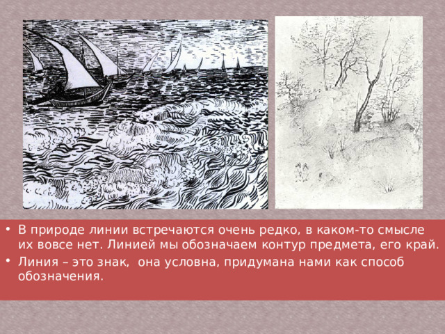 В природе линии встречаются очень редко, в каком-то смысле их вовсе нет. Линией мы обозначаем контур предмета, его край. Линия – это знак, она условна, придумана нами как способ обозначения. 