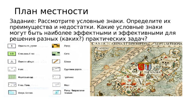 План местности Задание: Рассмотрите условные знаки. Определите их преимущества и недостатки. Какие условные знаки могут быть наиболее эффектными и эффективными для решения разных (каких?) практических задач? 