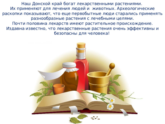 Наш Донской край богат лекарственными растениями. Их применяют для лечения людей и животных. Археологические раскопки показывают, что еще первобытные люди старались применять разнообразные растения с лечебными целями.  Почти половина лекарств имеют растительное происхождение. Издавна известно, что лекарственные растения очень эффективны и безопасны для человека! 