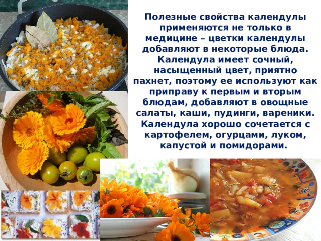 Полезные свойства календулы применяются не только в медицине – цветки календулы добавляют в некоторые блюда. Календула имеет сочный, насыщенный цвет, приятно пахнет, поэтому ее используют как приправу к первым и вторым блюдам, добавляют в овощные салаты, каши, пудинги, вареники. Календула хорошо сочетается с картофелем, огурцами, луком, капустой и помидорами. 