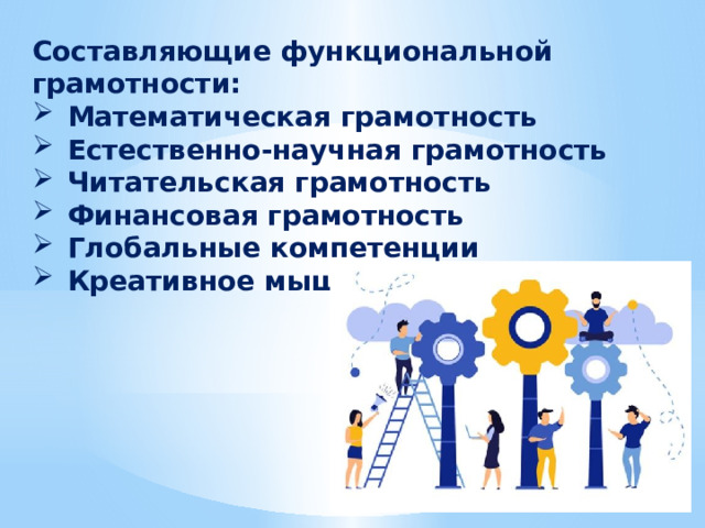 Составляющие функциональной грамотности: Математическая грамотность Естественно-научная грамотность Читательская грамотность Финансовая грамотность Глобальные компетенции Креативное мышление 