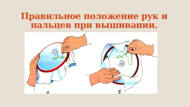 Правильное положение рук и пальцев при вышивании. 