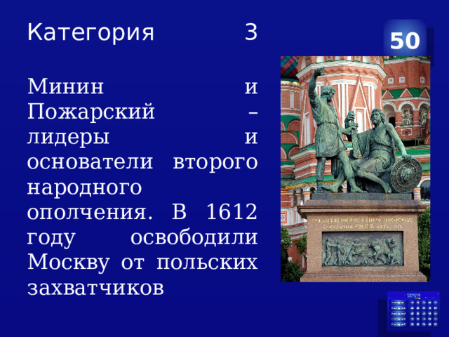Категория 3   Минин и Пожарский – лидеры и основатели второго народного ополчения. В 1612 году освободили Москву от польских захватчиков 50 