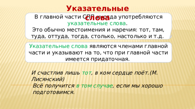 Указательные слова в главной части сложноподчиненного предложения