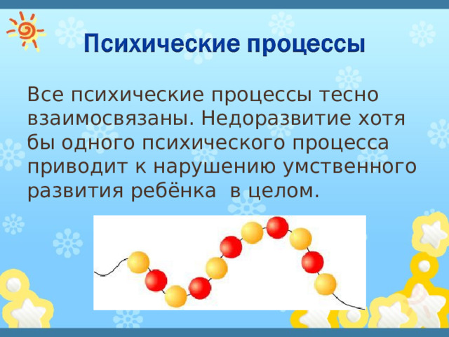 Все психические процессы тесно взаимосвязаны. Недоразвитие хотя бы одного психического процесса приводит к нарушению умственного развития ребёнка в целом. 