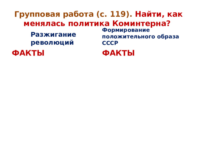 Групповая работа (с. 119). Найти, как менялась политика Коминтерна? Разжигание революций Формирование положительного образа СССР ФАКТЫ ФАКТЫ   