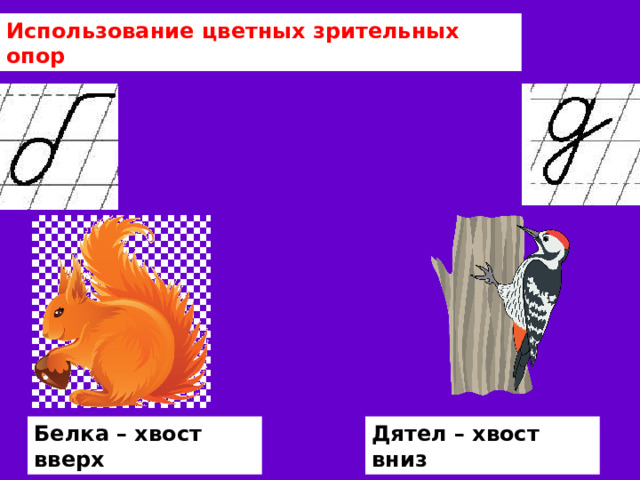 Использование цветных зрительных опор Белка – хвост вверх Дятел – хвост вниз 
