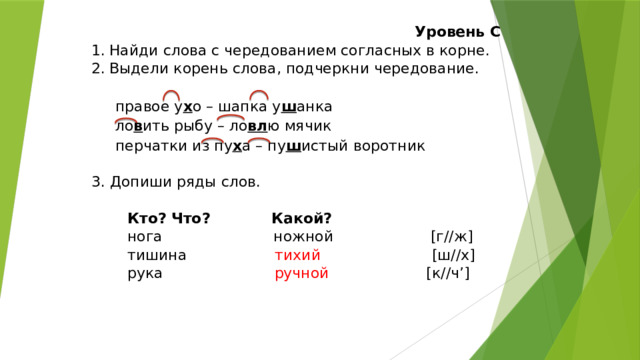 Уровень С Найди слова с чередованием согласных в корне. Выдели корень слова, подчеркни чередование.   правое у х о – шапка у ш анка ло в ить рыбу – ло вл ю мячик перчатки из пу х а – пу ш истый воротник   3. Допиши ряды слов.   Кто? Что? Какой? нога ножной [г//ж] тишина тихий [ш//х] рука ручной [к//ч’]   