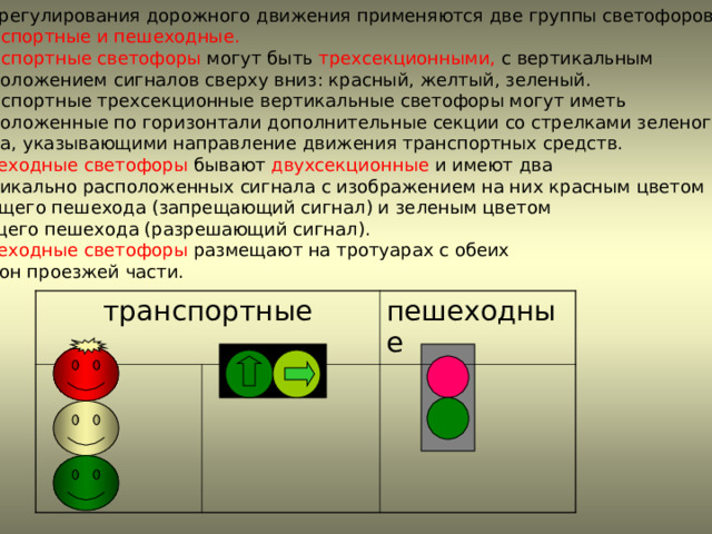 Для регулирования дорожного движения применяются две группы светофоров: транспортные и пешеходные. Транспортные светофоры  могут быть трехсекционными,  с вертикальным расположением сигналов сверху вниз: красный, желтый, зеленый. Транспортные трехсекционные вертикальные светофоры могут иметь расположенные по горизонтали дополнительные секции со стрелками зеленого цвета, указывающими направление движения транспортных средств. Пешеходные светофоры бывают  двухсекционные  и имеют два вертикально расположенных сигнала с изображением на них красным цветом стоящего пешехода (запрещающий сигнал) и зеленым цветом идущего пешехода (разрешающий сигнал). Пешеходные светофоры размещают на тротуарах с обеих сторон проезжей части. транспортные пешеходные 