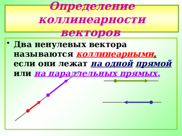Определение коллинеарности векторов  Два ненулевых вектора называются коллинеарными , если они лежат на одной  прямой или на параллельных прямых. 