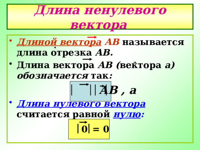 Длина ненулевого вектора  Длиной вектора АВ  называется длина отрезка АВ. Длина вектора АВ ( вектора а) обозначается так :  АВ , а Длина нулевого вектора считается равной нулю :  = 0 0 