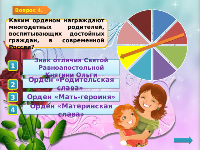 Вопрос 4. Каким орденом награждают многодетных родителей, воспитывающих достойных граждан, в современной России? Знак отличия Святой Равноапостольной Княгини Ольги 1 Орден «Родительская слава» 2 Орден «Мать-героиня» 3 Орден «Материнская слава» 4  