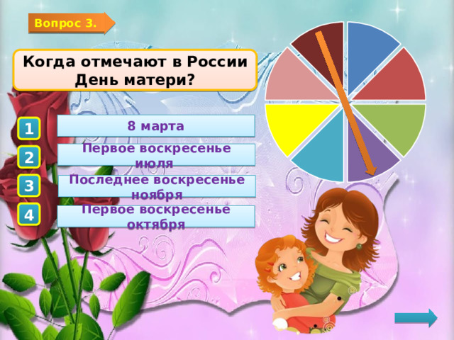 Вопрос 3. Когда отмечают в России День матери? 8 марта 1 Первое воскресенье июля 2 3 Последнее воскресенье ноября 4 Первое воскресенье октября  