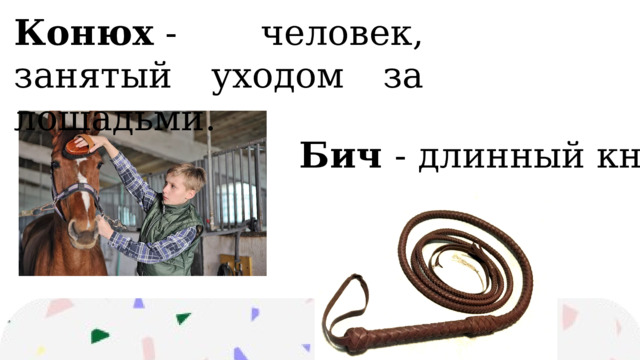 Конюх  - человек, занятый уходом за лошадьми. Бич  - длинный кнут. 