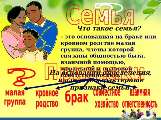 Что такое семья? - это основанная на браке или кровном родстве малая группа, члены которой связаны общностью быта, взаимной помощью, моральной и правовой ответственностью. На основании определения, выделите характерные признаки семьи. 