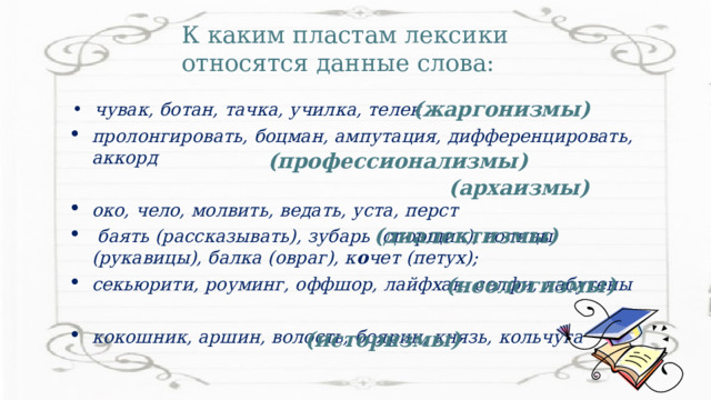 К каким пластам лексики относятся данные слова: (жаргонизмы)  чувак, ботан, тачка, училка, телек пролонгировать, боцман, ампутация, дифференцировать, аккорд  око, чело, молвить, ведать, уста, перст  баять (рассказывать), зубарь (спорщик), голицы (рукавицы), балка (овраг), к о чет (петух); секьюрити, роуминг, оффшор, лайфхак, селфи, лабутены  кокошник, аршин, волость, боярин, князь, кольчуга (профессионализмы) (архаизмы) (диалектизмы) (неологизмы) (историзмы) 