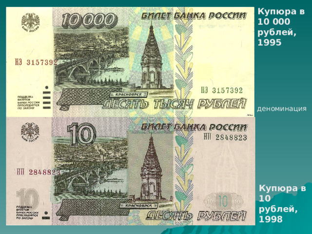 Купюра в 10 000 рублей, 1995 деноминация Купюра в 10 рублей, 1998 