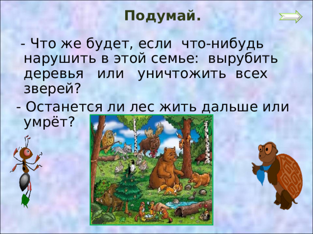 Подумай.  - Что же будет, если что-нибудь нарушить в этой семье: вырубить деревья или уничтожить всех зверей?  - Останется ли лес жить дальше или умрёт? 