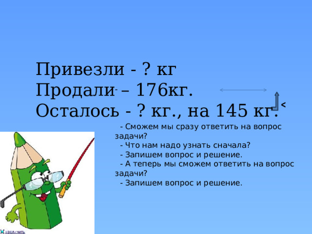 Привезли - ? кг Продали – 176кг. Осталось - ? кг., на 145 кг.˂ -    - Сможем мы сразу ответить на вопрос задачи?  - Что нам надо узнать сначала?  - Запишем вопрос и решение.  - А теперь мы сможем ответить на вопрос задачи?  - Запишем вопрос и решение. 