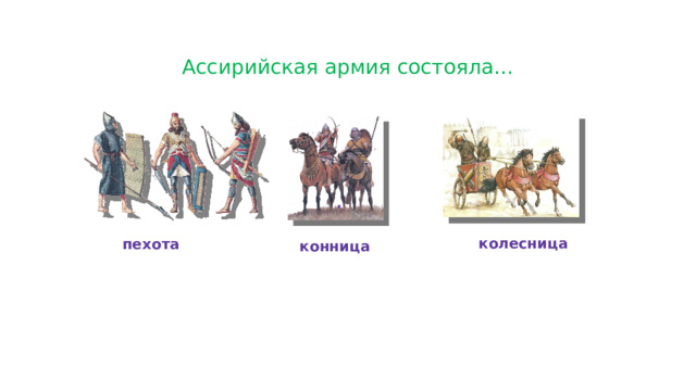 Ассирийская армия состояла… . колесница пехота конница 