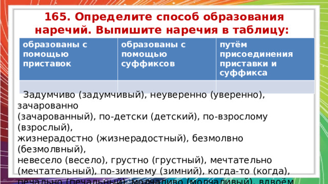 Из предложения 4 выпишите наречие. Способы образования наречий таблица. Образование наречий при помощи суффикса -ly;