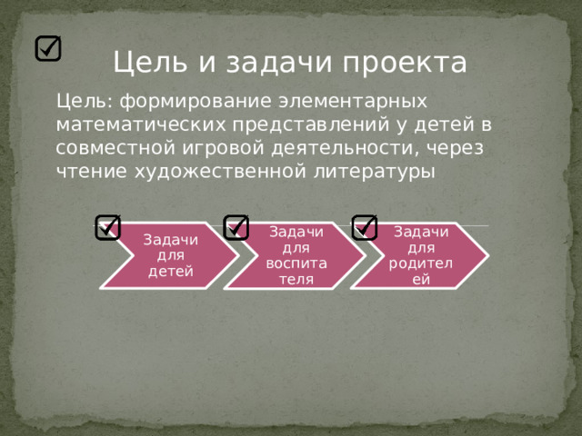 Цель и задачи проекта Цель: формирование элементарных математических представлений у детей в совместной игровой деятельности, через чтение художественной литературы Задачи для детей Задачи для воспитателя Задачи для родителей 