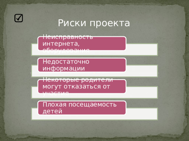 Риски проекта Неисправность интернета, оборудования Недостаточно информации Некоторые родители могут отказаться от участия Плохая посещаемость детей 