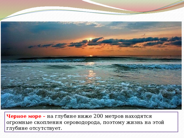 Черное море – на глубине ниже 200 метров находятся огромные скопления сероводорода, поэтому жизнь на этой глубине отсутствует. 