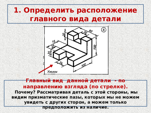 1. Определить расположение главного вида детали Главный вид данной детали - по направлению взгляда (по стрелке).  Почему? Рассматривая деталь с этой стороны, мы видим призматические пазы, которых мы не можем увидеть с других сторон, а можем только предположить из наличие. 