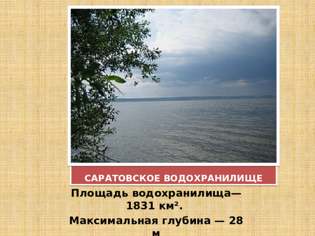 САРАТОВСКОЕ ВОДОХРАНИЛИЩЕ Площадь водохранилища— 1831 км². Максимальная глубина — 28 м 