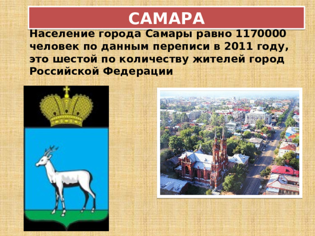 САМАРА Население города Самары равно 1170000 человек по данным переписи в 2011 году, это шестой по количеству жителей город Российской Федерации  