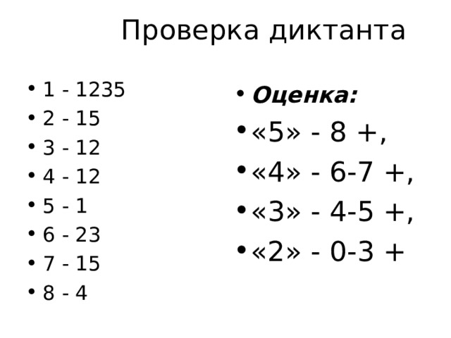  Проверка диктанта 1 - 1235 2 - 15 3 - 12 4 - 12 5 - 1 6 - 23 7 - 15 8 - 4 Оценка: «5» - 8 +, «4» - 6-7 +, «3» - 4-5 +, «2» - 0-3 + 