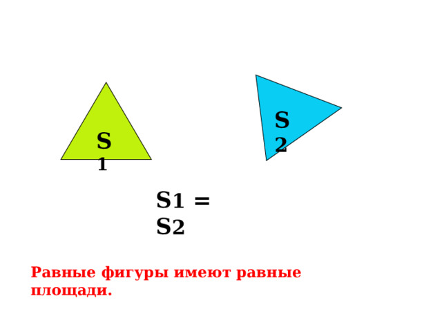 S 2 S 1 S 1 = S 2 Равные фигуры имеют равные площади. 
