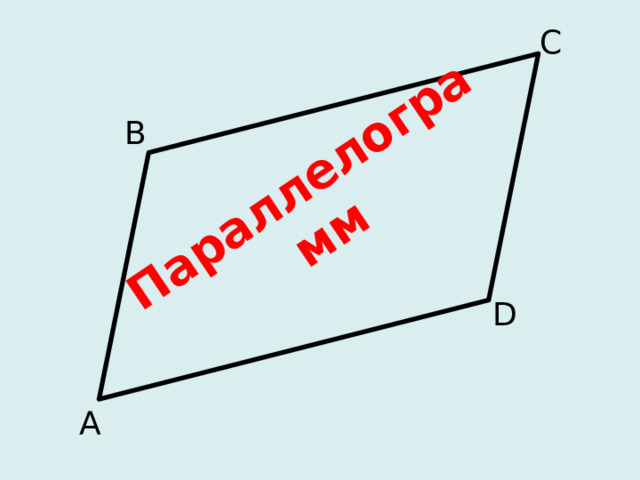 Параллелограмм С В D Слайд для иллюстрации ответа на вопрос: «Какая фигура называется параллелограммом?». Параллелограмм - это четырёхугольник у которого противоположные стороны попарно параллельны (лежат на параллельных прямых). А  