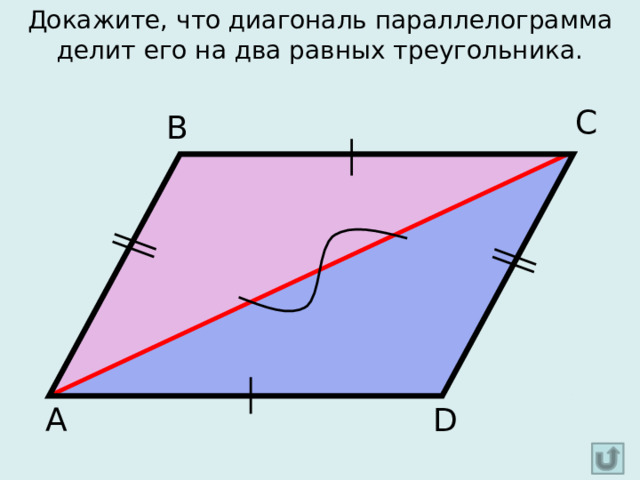 Докажите, что диагональ параллелограмма делит его на два равных треугольника. С В D А 
