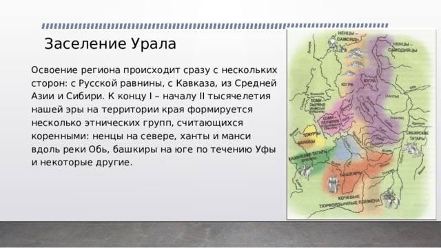 Заселение Урала Освоение региона происходит сразу с нескольких сторон: с Русской равнины, с Кавказа, из Средней Азии и Сибири. К концу I – началу II тысячелетия нашей эры на территории края формируется несколько этнических групп, считающихся коренными: ненцы на севере, ханты и манси вдоль реки Обь, башкиры на юге по течению Уфы и некоторые другие. 