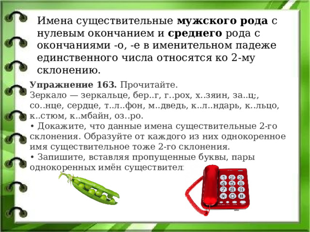 Имена существительные мужского рода с нулевым окончанием и среднего рода с окончаниями -о, -е в именительном падеже единственного числа относятся ко 2-му склонению. Упражнение 163.  Прочитайте. Зеркало — зеркальце, бер..г, г..рох, х..зяин, за..ц;, со..нце, сердце, т..л..фон, м..дведь, к..л..ндарь, к..льцо, к..стюм, к..мбайн, оз..ро. •  Докажите, что данные имена существительные 2-го склонения. Образуйте от каждого из них однокоренное имя существительное тоже 2-го склонения. •  Запишите, вставляя пропущенные буквы, пары однокоренных имён существительных. 