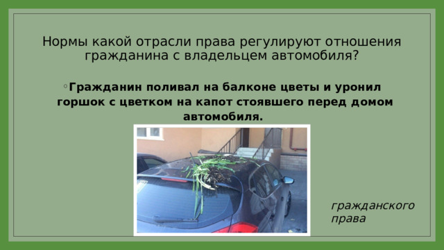 Нормы какой отрасли права регулируют отношения гражданина с владельцем автомобиля? Гражданин поливал на балконе цветы и уронил горшок с цветком на капот стоявшего перед домом автомобиля. гражданского права 