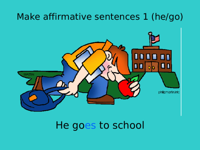 Make affirmative sentences 1 (he/go) He go es to school 