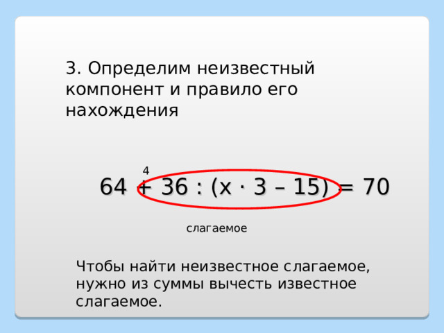 3. Определим неизвестный компонент и правило его нахождения 4 64 + 36 : (х · 3 – 15) = 70 слагаемое Чтобы найти неизвестное слагаемое, нужно из суммы вычесть известное слагаемое. 