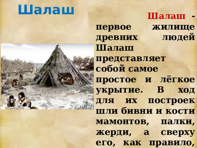 Шалаш  Шалаш - первое жилище древних людей Шалаш представляет собой самое простое и лёгкое укрытие. В ход для их построек шли бивни и кости мамонтов, палки, жерди, а сверху его, как правило, покрывали травой или шкурами убитых животных. 