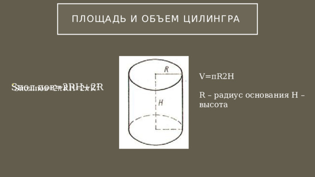 Площадь и объем цилингра V=πR2H R – радиус основания H – высота Sпол.пов=2RH+2R   