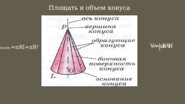 Площать и объем конуса V=πR²H   S полн. =πRl+πR² 