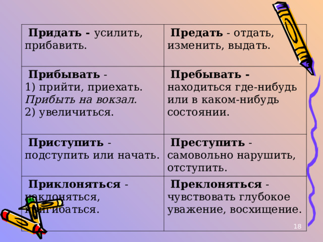   Придать - усилить, прибавить.    Предать - отдать, изменить, выдать.   Прибывать -  1) прийти, приехать. Прибыть на вокзал.  2) увеличиться.    Пребывать - находиться где-нибудь   Приступить - подступить или начать. или в каком-нибудь состоянии.     Преступить - самовольно нарушить,   Приклоняться - наклоняться, пригибаться. отступить.    Преклоняться - чувствовать глубокое  уважение, восхищение.   