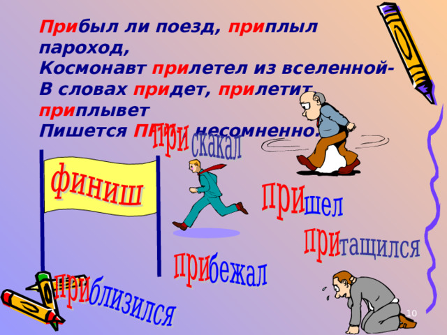 При был ли поезд, при плыл пароход, Космонавт при летел из вселенной- В словах при дет, при летит, при плывет Пишется ПРИ- , несомненно.  