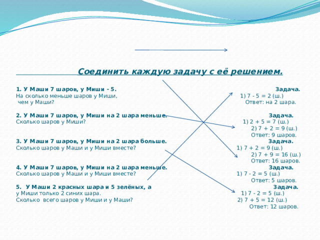  Соединить каждую задачу с её решением.   1. У Маши 7 шаров, у Миши - 5. Задача.  На сколько меньше шаров у Миши, 1) 7 - 5 = 2 (ш.)  чем у Маши? Ответ: на 2 шара.   2. У Маши 7 шаров, у Миши на 2 шара меньше. Задача.  Сколько шаров у Миши? 1) 2 + 5 = 7 (ш.)  2) 7 + 2 = 9 (ш.)  Ответ: 9 шаров.  3. У Маши 7 шаров, у Миши на 2 шара больше. Задача.  Сколько шаров у Маши и у Миши вместе? 1) 7 + 2 = 9 (ш.)  2) 7 + 9 = 16 (ш.)  Ответ: 16 шаров.  4. У Маши 7 шаров, у Миши на 2 шара меньше. Задача.  Сколько шаров у Маши и у Миши вместе? 1) 7 - 2 = 5 (ш.)  Ответ: 5 шаров.  5. У Маши 2 красных шара и 5 зелёных, а Задача.  у Миши только 2 синих шара. 1) 7 - 2 = 5 (ш.)  Сколько всего шаров у Миши и у Маши? 2) 7 + 5 = 12 (ш.)  Ответ: 12 шаров.   