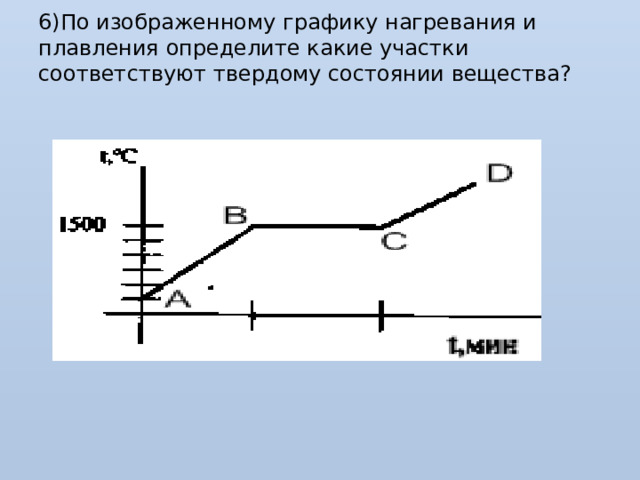 6)По изображенному графику нагревания и плавления определите какие участки соответствуют твердому состоянии вещества?   