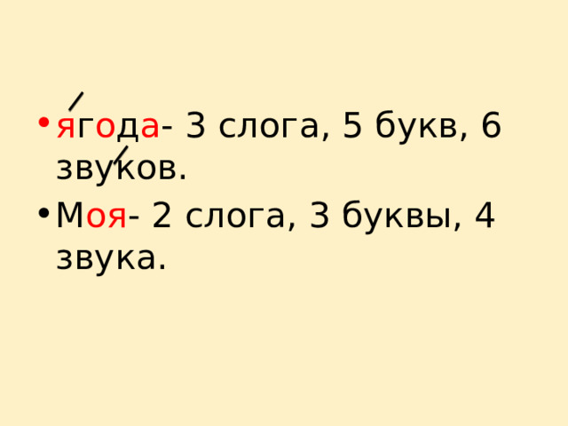 я г о д а - 3 слога, 5 букв, 6 звуков. М оя - 2 слога, 3 буквы, 4 звука. 
