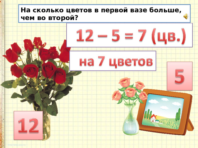 На сколько цветов в первой вазе больше, чем во второй? 